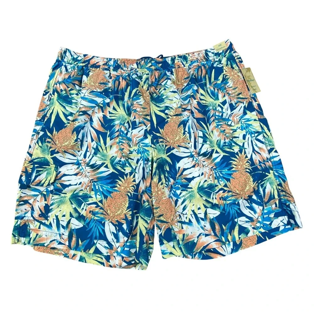 NWT Caribbean Swim Trunks Mens 3XB Blue Palm Tree Pine Print Board Shorts‎ NEW